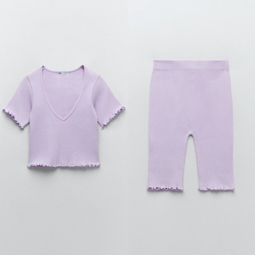ZARA Women's Size XS-S Lavendar Purple Seamless Crop Top + Biker Shorts Set of 2